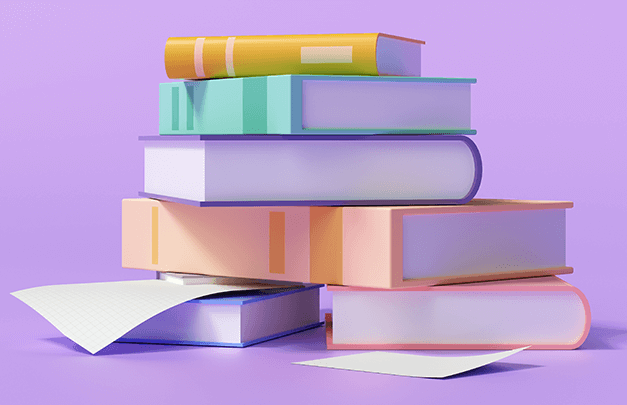 A stack of books with a purple background. 